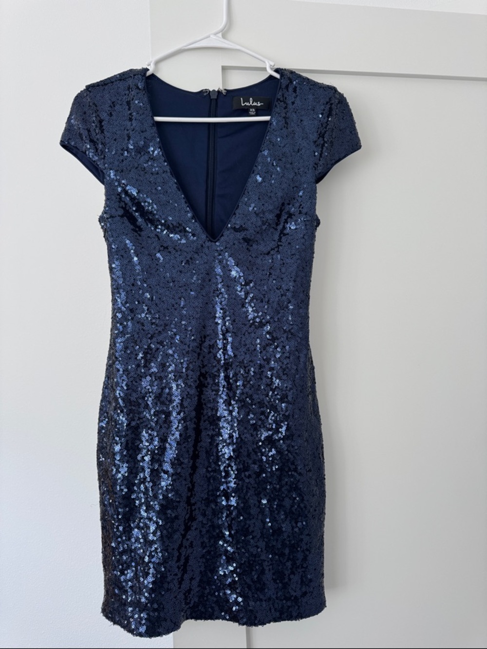 Lulu's Navy Sequin V-Neck Cap Sleeve Mini Dress